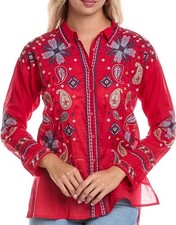 Johnny Was Biya Slim Audrey Embroidered Blouse Red Small 270