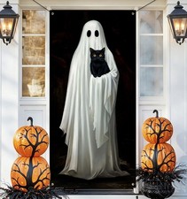 Halloween Ghost and Black Cat Door Banner Decorations, Spooky Holiday