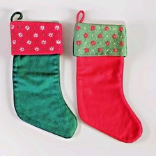 Needlepoint Wool Christmas Stockings Set of 2 Poinsettias Green Red 19" VTG 90s