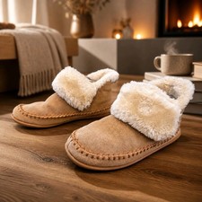Minnetonka Joanne Bootie Moc Toe Slipper Womens Sz 8 M Suede Faux Fur Lined FLAW