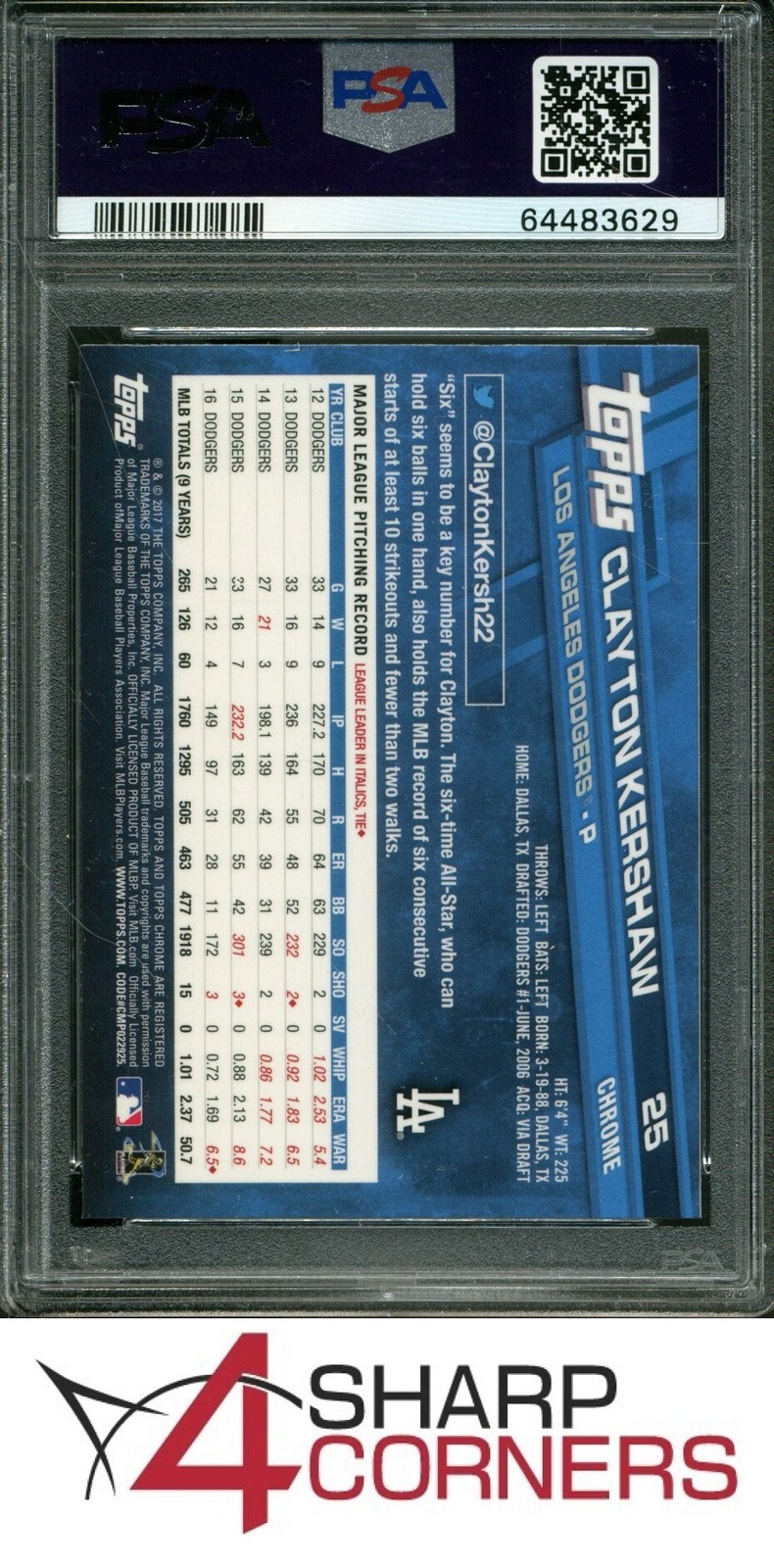 2017 TOPPS CHROME PRISM REFRACTOR #25 CLAYTON KERSHAW DODGERS W/ HAT PSA 10 view 2