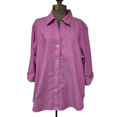 Foxcroft Blouse Womens 20W Plum Button Front 3/4 Sleeve Non Iron Business Casual