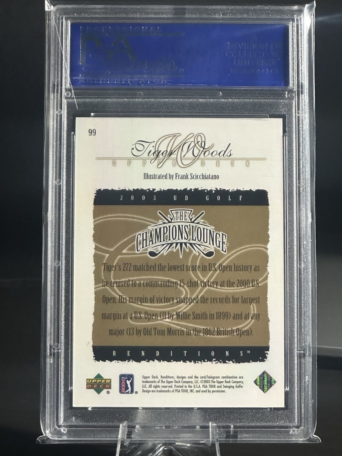 Upper Deck 2003 Renditions Tiger Woods Gold #99 The Champions Lounge PSA 8 /100 view 2