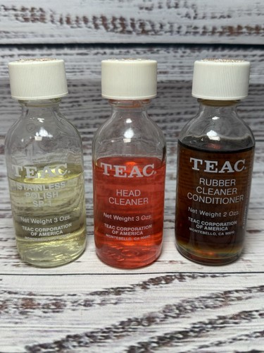 Lot of  Teac Rubber Cleaner, Stainless Polish & Head Cleaner Fluid Glass Bottles