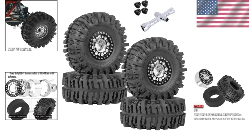 Aluminum 1.9 Beadlock Wheels and Tires Set - Silver - Image 2 of 4