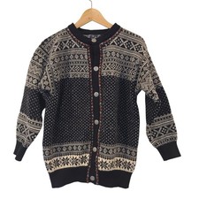 Vintage Dale of Norway Cardigan Sweater Pure New Wool Black Nordic Fair Isle S