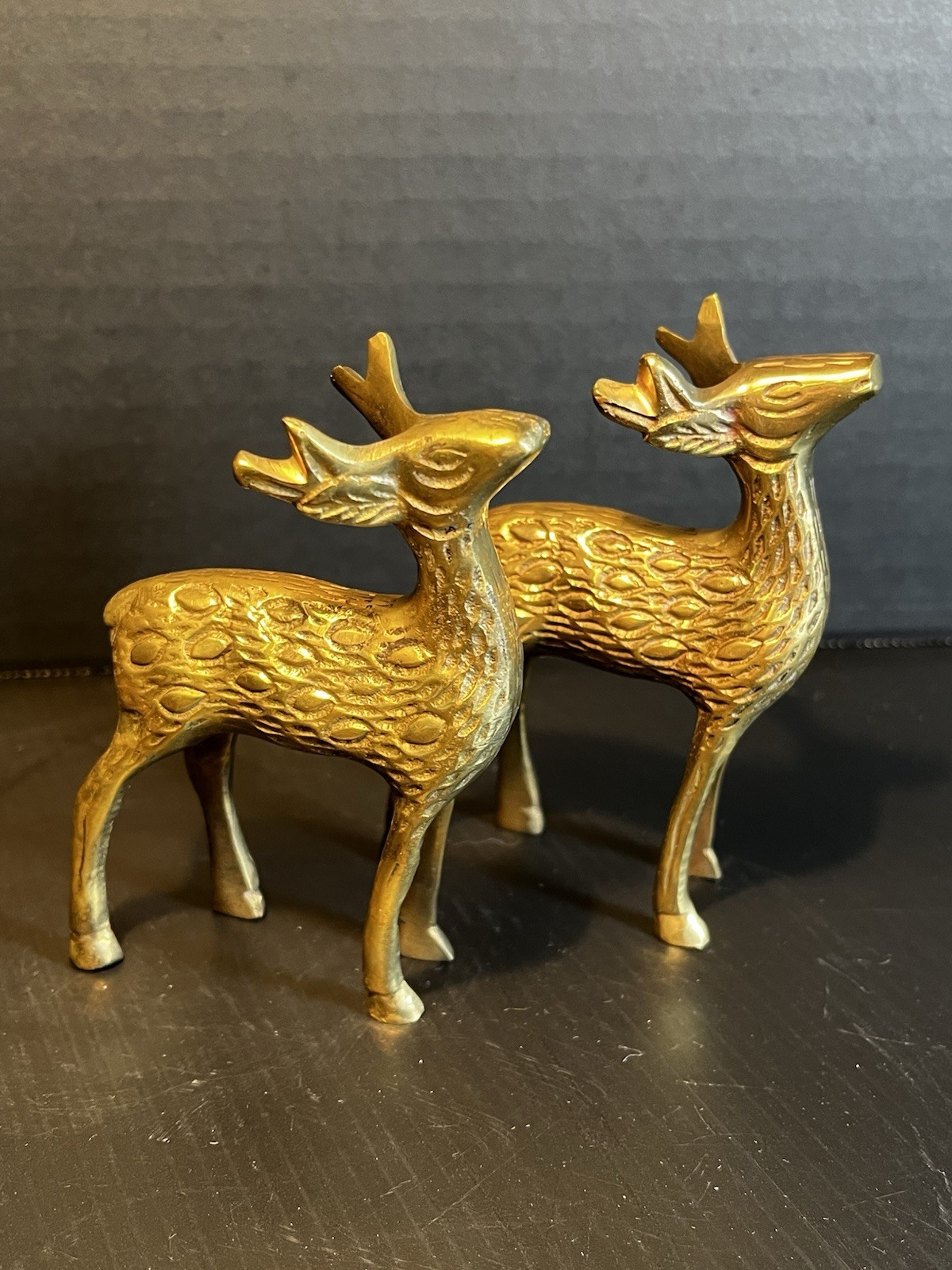 Vintage Brass Spotted Deer Figurines Pair Set of 2 Mid Century Modern Textured