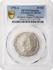 FRANCE KING LOUIS XVI  1792-A  30 SOLS SILVER COIN, PCGS CERTIFIED AU DETAILS