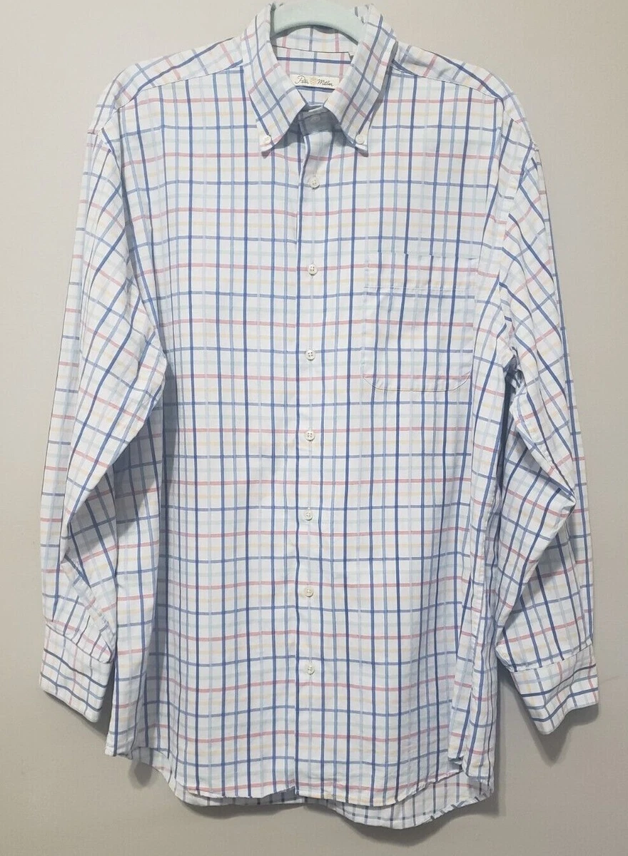 Peter Millar Men's Size Large Grid Check 100% Cotton Button Up Long Sleeve Shirt