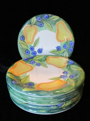BOB MACKIE DESIGN 2000 PEARS PLUMS GREEN RIM FRUIT DESIGN 6 DINNER PLATES 10 1/2