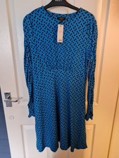 Size 14 LIPSY blue And Black Spot Tea Dress, Long Ruched Sleeves, Round Neck NWT