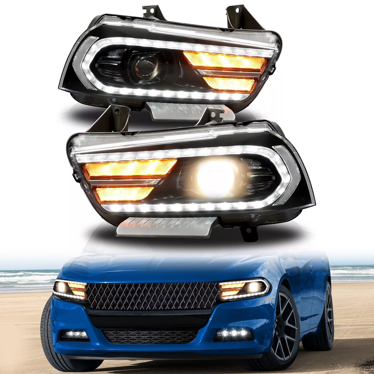 Pair LED DRL Projector Headlights Headlamps W/Dual Beam For Dodge Charger  11-14