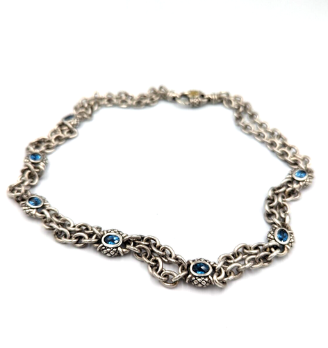 Scott Kay 925 Sterling Silver 18K Gold Accent Blue Topaz Stations Necklace Rare - Picture 3 of 16