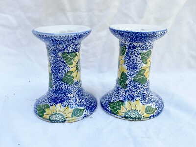 VINTAGE PAAR KERAMIK KERAMIK KERZENSTÄNDER SPRENKEL BLAU GELBE BLUME