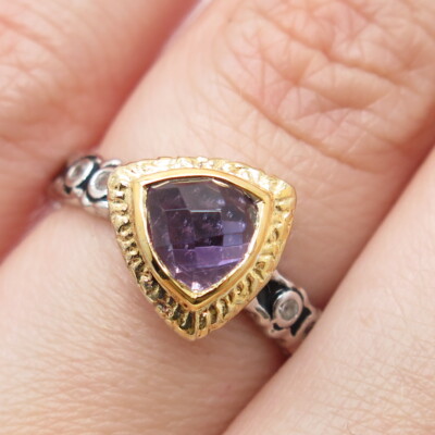 925 Sterlingsilber zweifarbig echter Amethyst & weißer Topas Dreieck Ringgröße 6,25