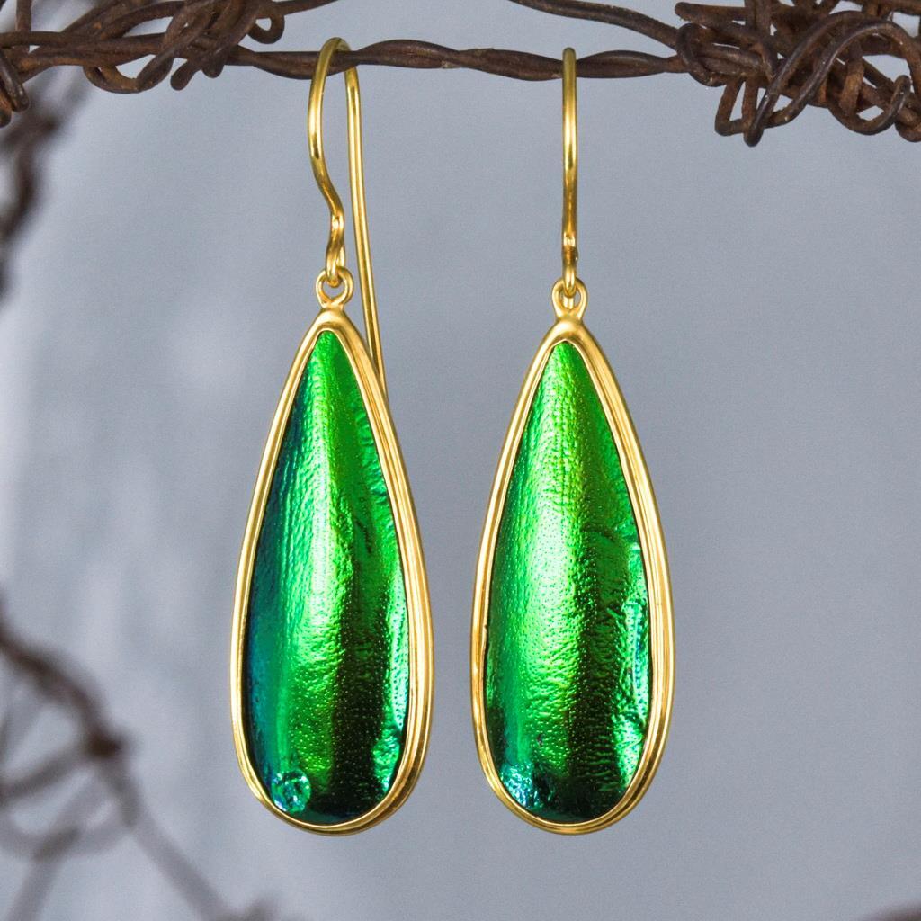 Green Jewel Beetle Wing Earrings in Gold Vermeil Sterling Silver Handmade 5.03g-image