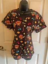 Thanksgiving Turkey SB Scrubs Top Extra Small Dark Brown Fall Leaf UA Used