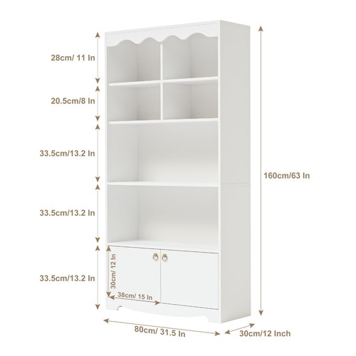 Bookshelf with Doors Cabinet Open Display Rack Storage Shelf MDF Bookcase White - Picture 24 of 27
