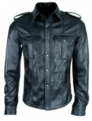 MEN'S REAL BLACK LEATHER POLICE MILITARY STYLE SHIRT BLUF FULL SLEEVES SCHWARZ MEN'S REAL BLACK LEATHER POLICE MILITARY STYLE SHIRT BLUF FULL SLEEVES SCHWARZ