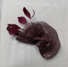 burgundy mesh fascinator hat silver threading & feather accents-wedding, party