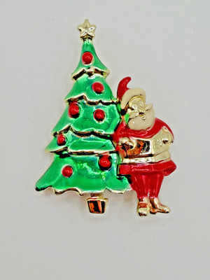 AJC CHRISTMAS TREE SANTA CLAUS BROOCH PIN GOLD TONE ENAMEL HOLIDAY JEWELRY