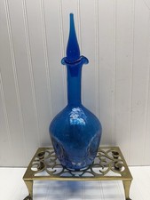 Mid Century Blenko Glass Dimple Crackle Glass Decanter Blue- Genie Bottle