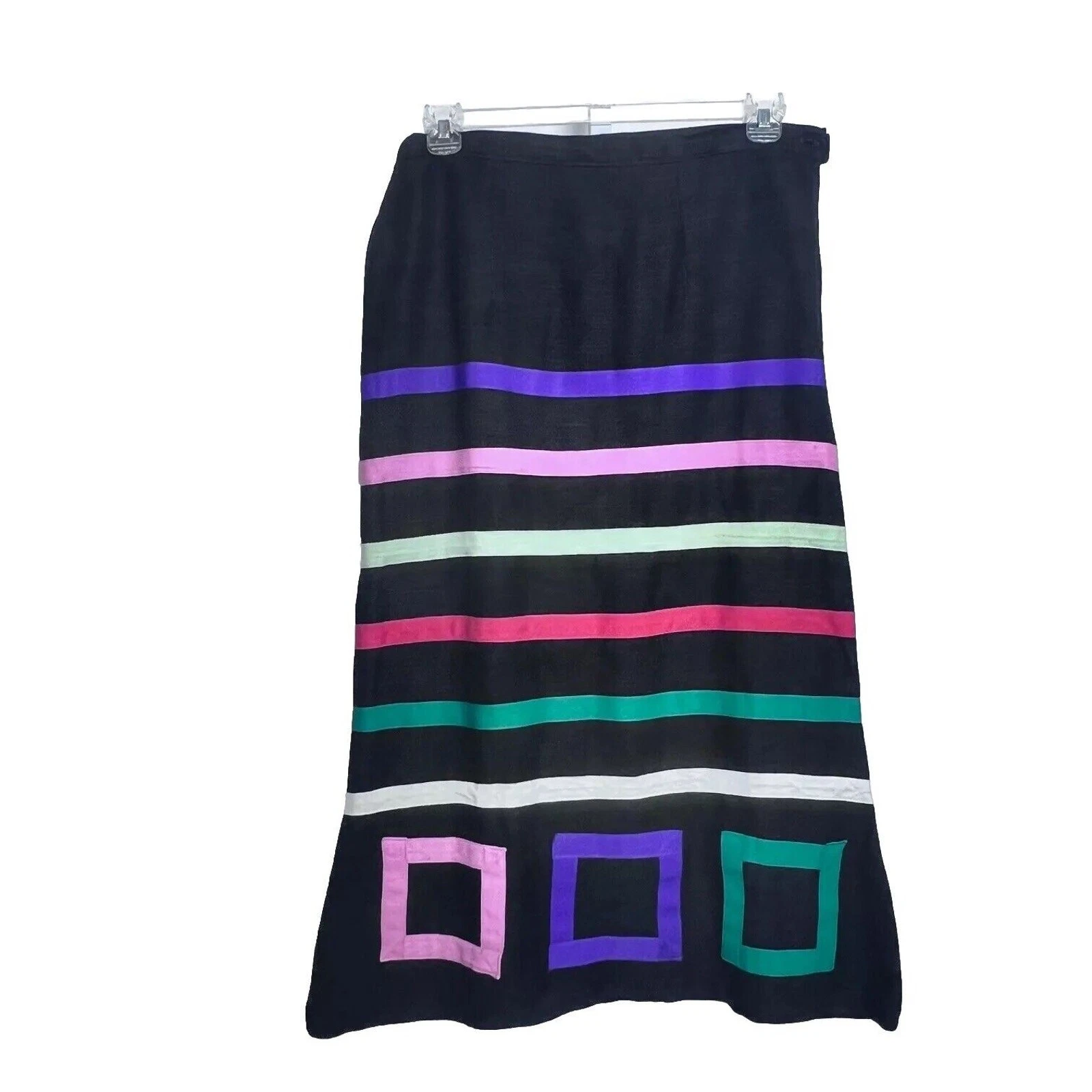 Vintage Skirt Womens Black Linen Blend Geo Striped Pop Culture Retro Casual