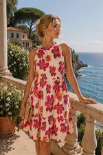 Anthroplogie THML Women's Floral Halter Mini Dress S Pink Cream Tiered Ruffle