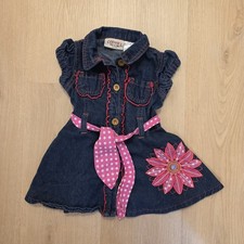 Vintage Carter's Girls Denim Pink Polka Dot Belt Girly Cute Flower Dress Sz 12M