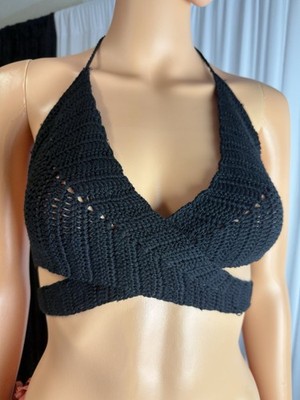 Tobi crocheted criss cross Halter Top boho festival Black Size Large