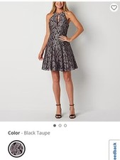R  M Richards Sleeveless Glitter Lace Fit  Flare Dress BLACK/TAUPE Size 16