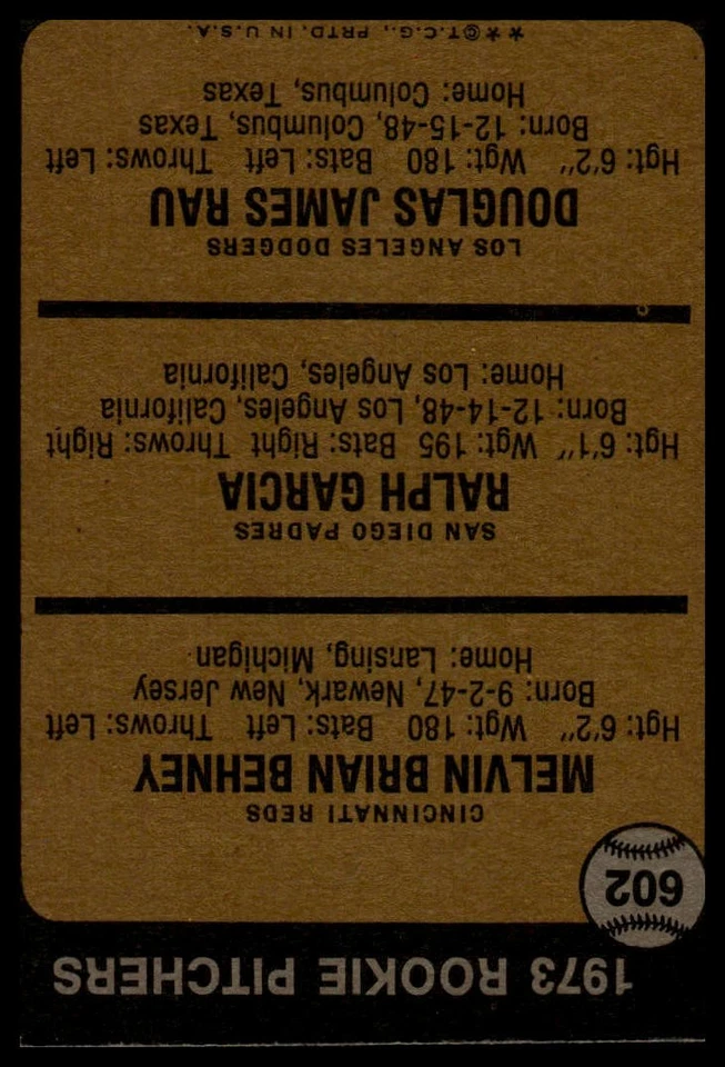 1973 Topps #602 1973 Rookie Pitchers (Mel Behney / Ralph Garcia / Doug Rau) - Image 2 of 2