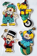 Vintage 80s Glitter Puffy Circus Sticker Lot 4 Clown Magician Unicycle