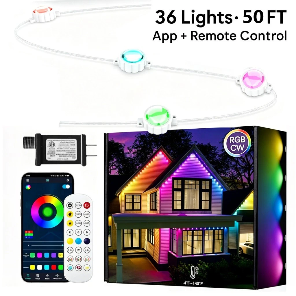 Smart Permanent Outdoor Lights 50 Ft 36 LEDs IC+RGB Eaves Lights for House Decor
Opens in a new wind