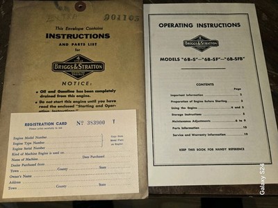 Briggs & Stratton Engine Instructions 6 B-S 6B-SF 6B-SFB + WARRANTY  AND ENV