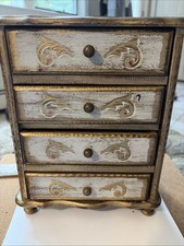 Vintage Florentine Wooden  Jewelry Box 4 Red Velvet Lined Drawers With Music