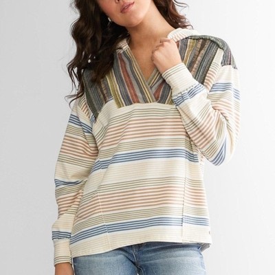 BKE Patchwork Hoodie Womens XL Buckle Sweatshirt Grunge Indie striped pullover
