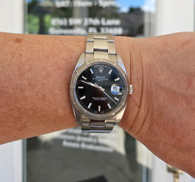 Men's Rolex 115210 Black Dial Date Quickset Engine Turned Bezel Stainless Watch