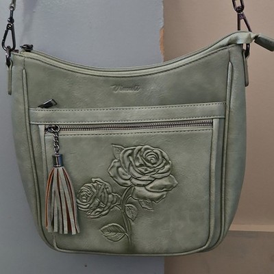 Vimatti Green Floral Shoulder Bag Tassel Zip Closure Silver Hardware