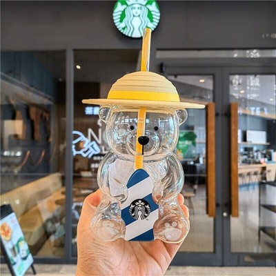 2022 Starbucks Korea Summer Yellow Hat Bear 473ml Glass Straw Cup