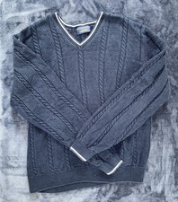 VTG Brooks Brothers Golf L Cable Knit Sweater Navy Blue Cotton USA Made V-Neck