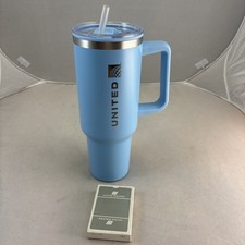 United Airlines 40 oz Light Blue Tumbler w/straw & Vintage United Playing Cards