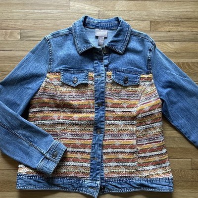 Chico's Cool Weave Denim Jean Jacket Women Sz 1 Medium Boho Artsy Eclectic Retro