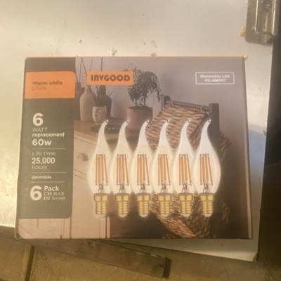 INVGOOD Dimmable LED Filament Flame Tip C35 E12 Bulb 6W 700lm 2700K 6-Pack