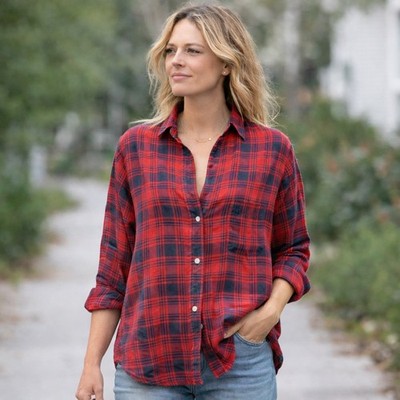 Frank & Eileen Grayson The Hero Plaid Button Shirt XS  Red Navy Quiet Luxury