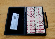 Double-Six Dominos Set, Ivory & Red Tiles, in Black Faux Leather Case, New