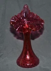 Fenton Cranberry Glass optical swirl "Jack in the Pulpit" vase with ruffled edge