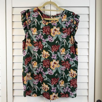 LOFT Floral Blouse Women XL Green Ruffle Sleeve Keyhole Back