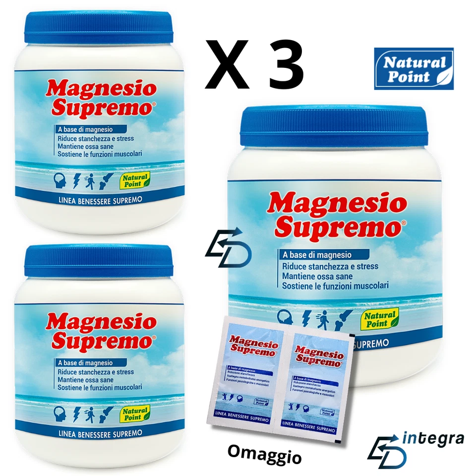 NATURAL POINT Magnesio Supremo 3 x 300g =900g Minerale Anti Stress + 2 Monodose