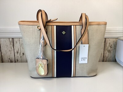 NWT CROWN & IVY LINEN/SAND/NAVY SHOULDER HANDBAG - PINEAPPLE ACCENT